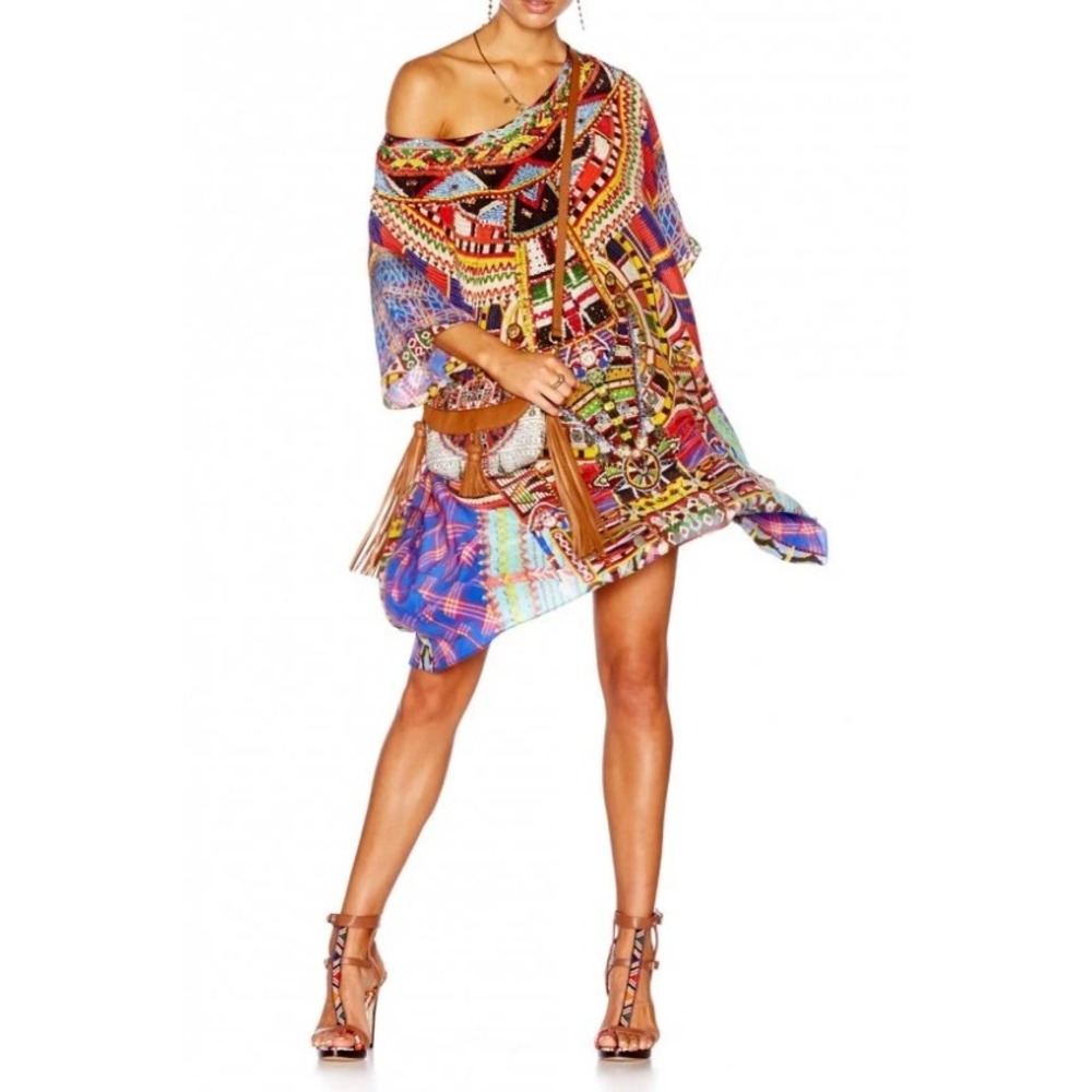 Camilla Short Round Neck Kaftan Pink Blue Jeweled Embellished Silk Tunic Size OS